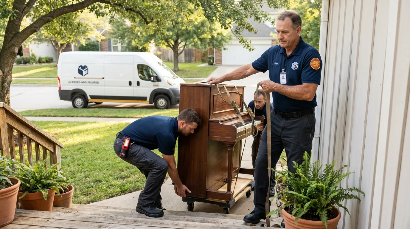 Licensed piano movers securing grand piano in Estacada, OR