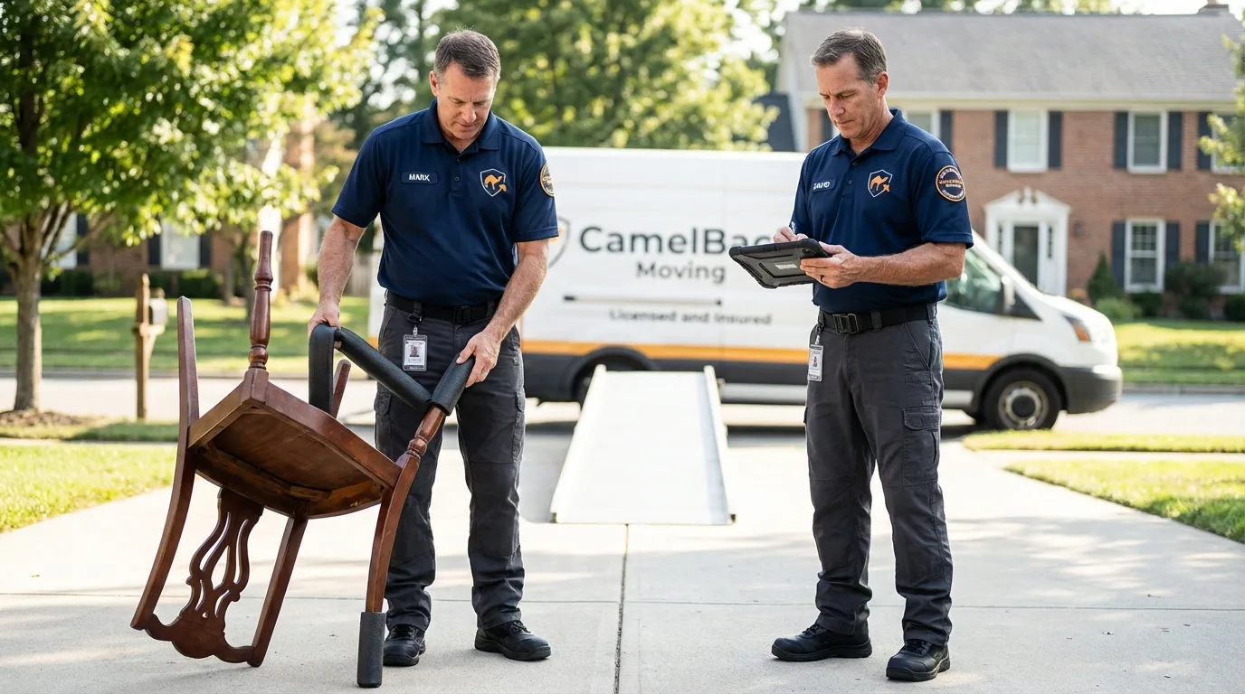 Movers inspecting furniture for damage prevention before loading in Estacada, OR