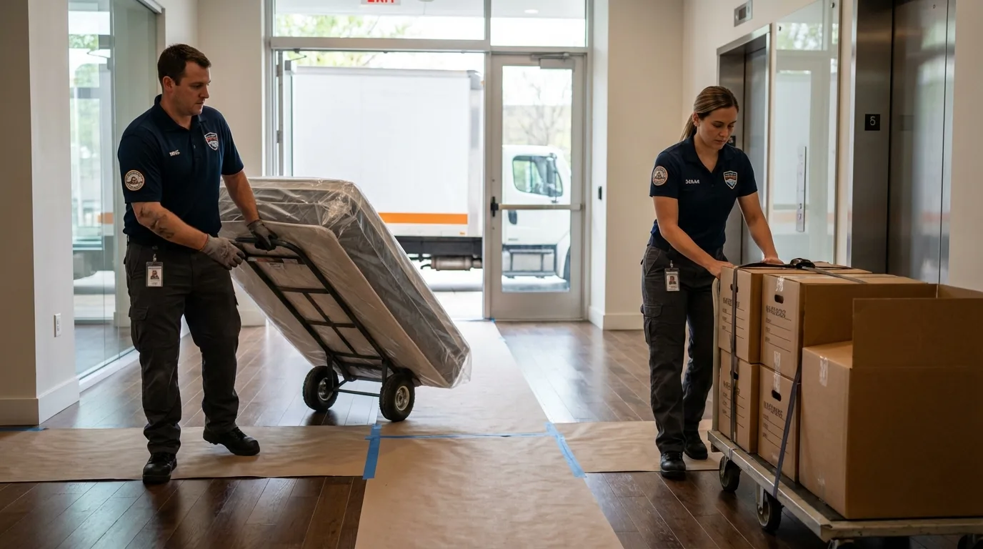 Professional apartment movers loading elevator in Estacada, OR