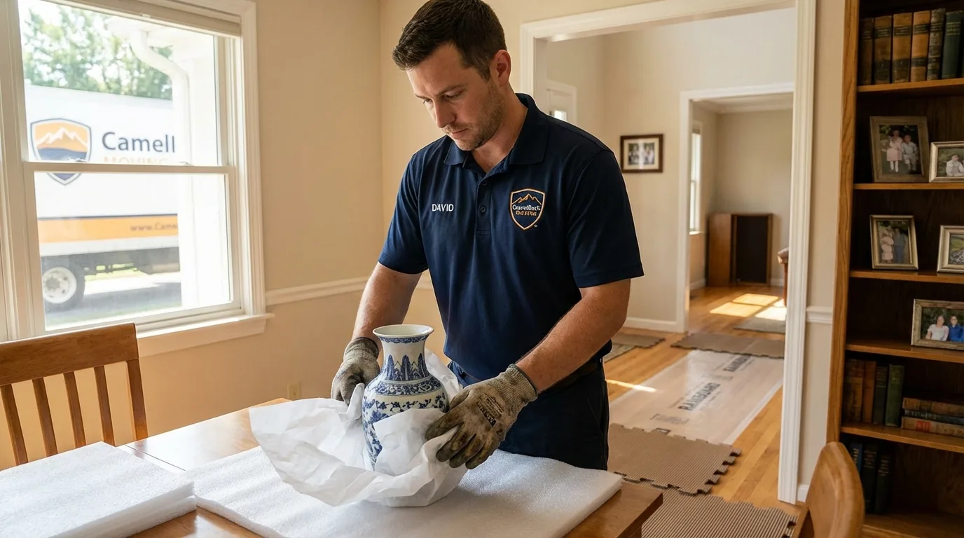 Professional crew carefully wrapping antique vase for senior downsizing move in Estacada, OR